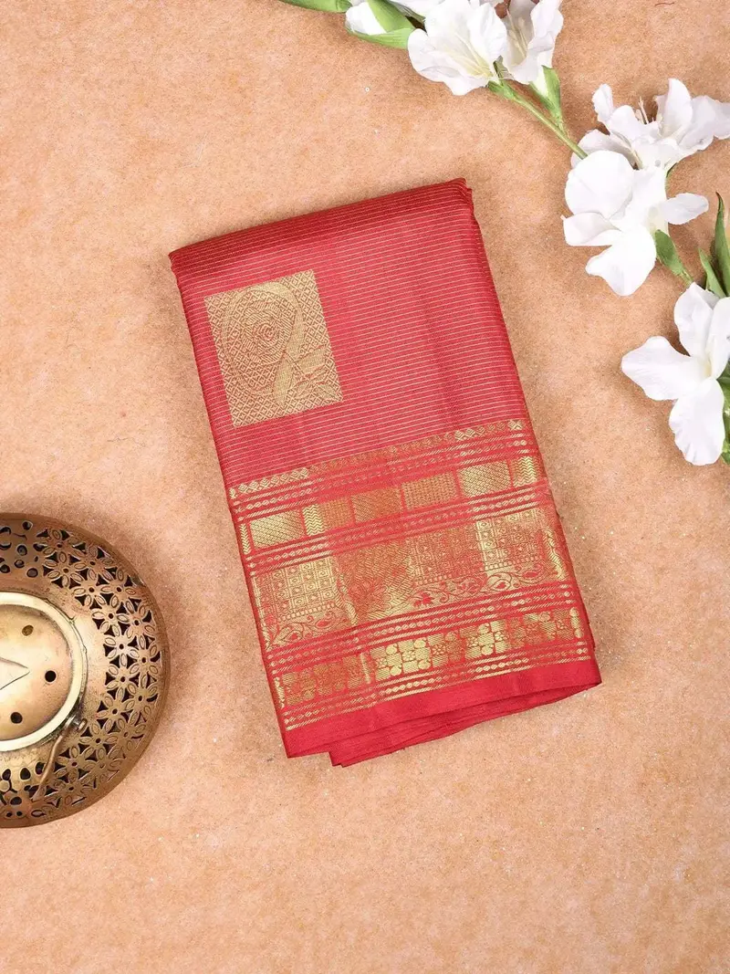 Red Pure Kanchipuram Bridal Silk Saree With Stripes And Rectangle Design On The Body With Zari Border 1