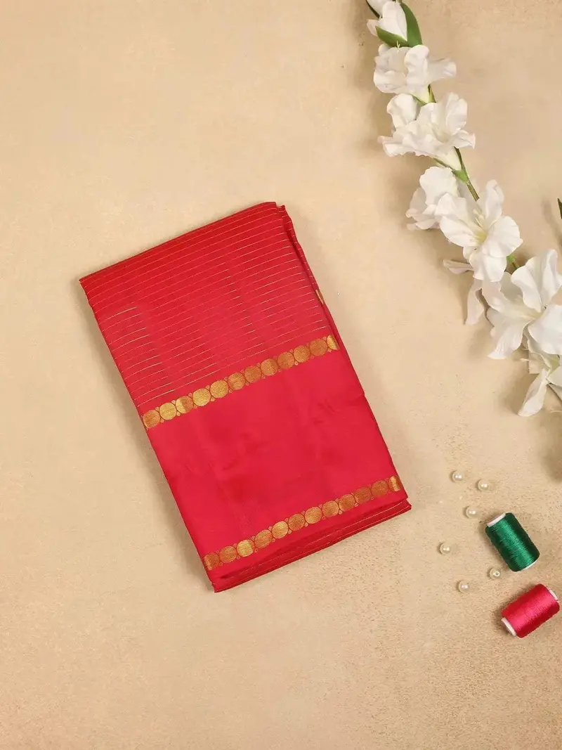 Red Pure Kanchipuram Bridal Silk Saree With Stripes Design On The Body And Without Border 1