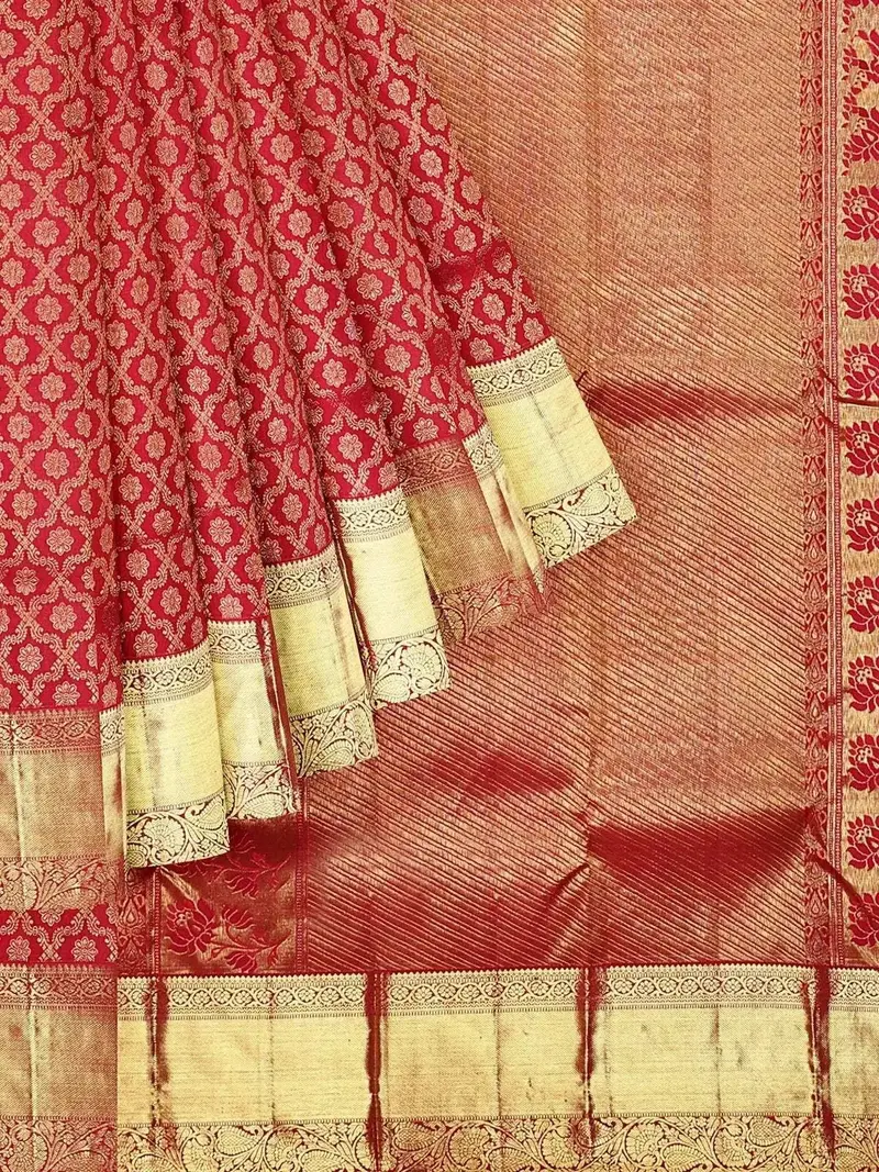 Red Pure Kanchipuram Bridal Silk Saree With Zari Brocade On The Body And Dense Zari Border 1