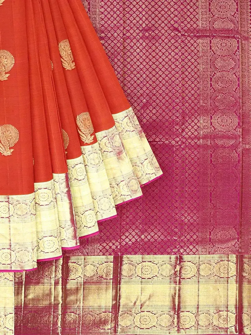 Red Pure Kanchipuram Saree With Floral Motif And Contrast Zari Border 1