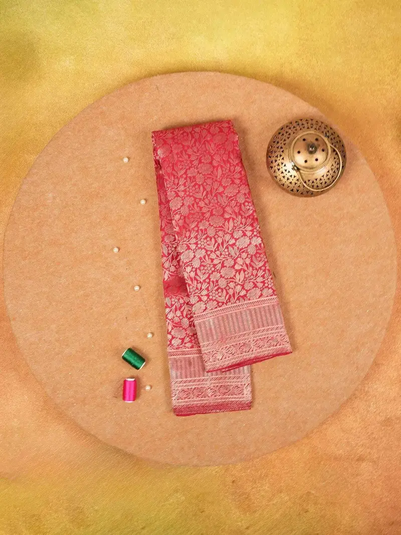 Red Pure Kanchipuram Silk Saree With Floral Patterns On The Body And With Designed Border 1