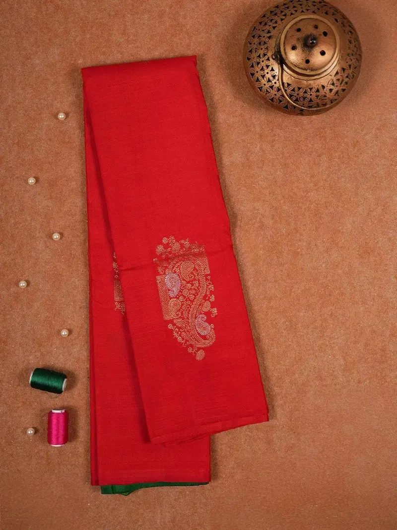 Red Pure Kanchipuram Silk Saree With Paisley Design On The Body And Without Border 1