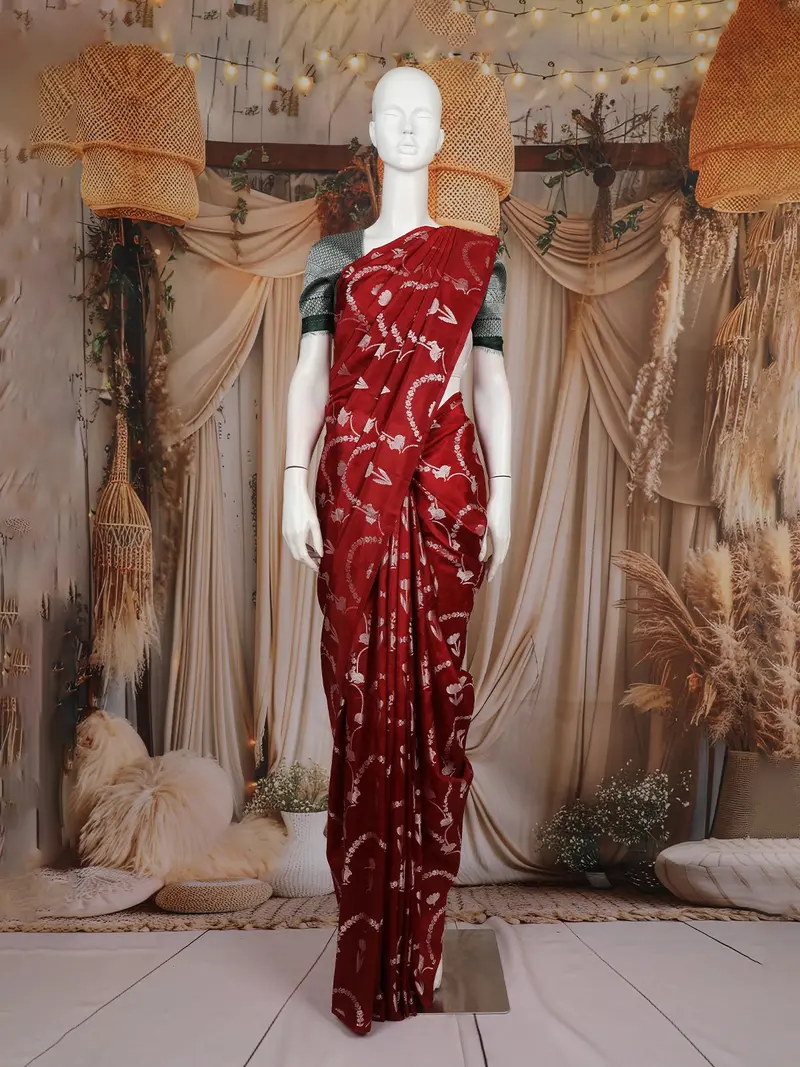 Red Rabbit And Floral Design Semi Banarasi Saree 1