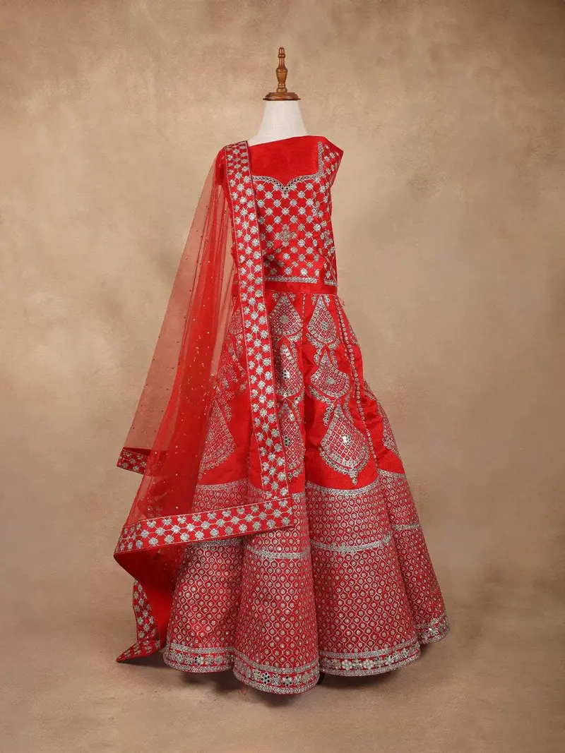 Red Raw Silk Semi-Stitched Lehenga Embellished With Floral Embroidery Paired With Net Dupatta 1