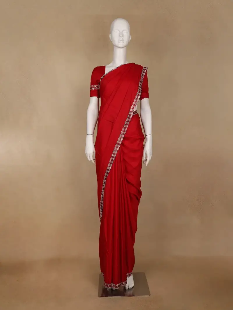 Red Satin Fancy Saree With Designed Border 1