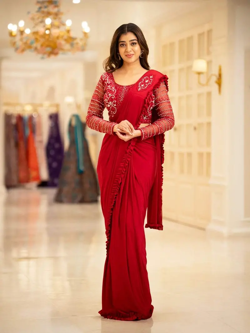 Red Satin Ready To Wear Saree With Plain Body Paired With Designer Blouse 1