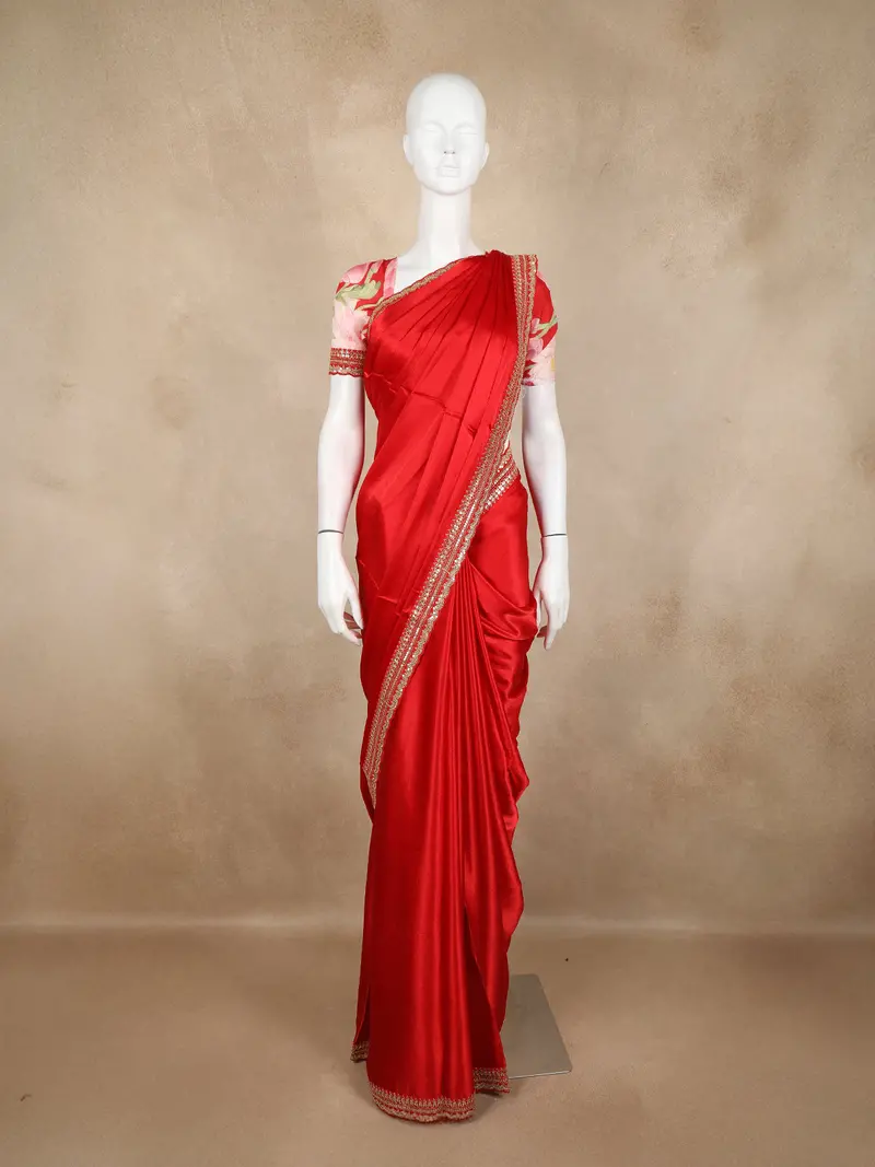 Red Satin Saree With Designer Border 1