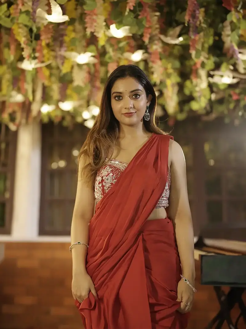 Red Satin Saree With Plain Body And Designer Blouse With Waist Belt 1