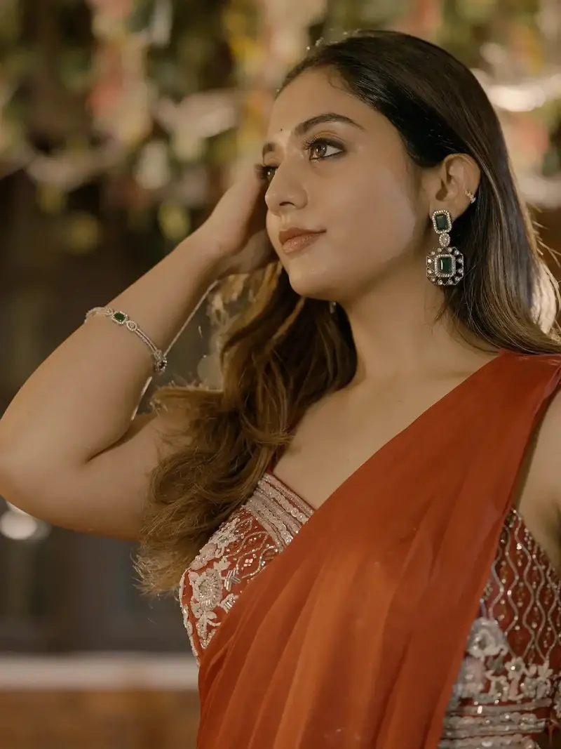 Red Satin Saree With Plain Body And Designer Blouse With Waist Belt 2