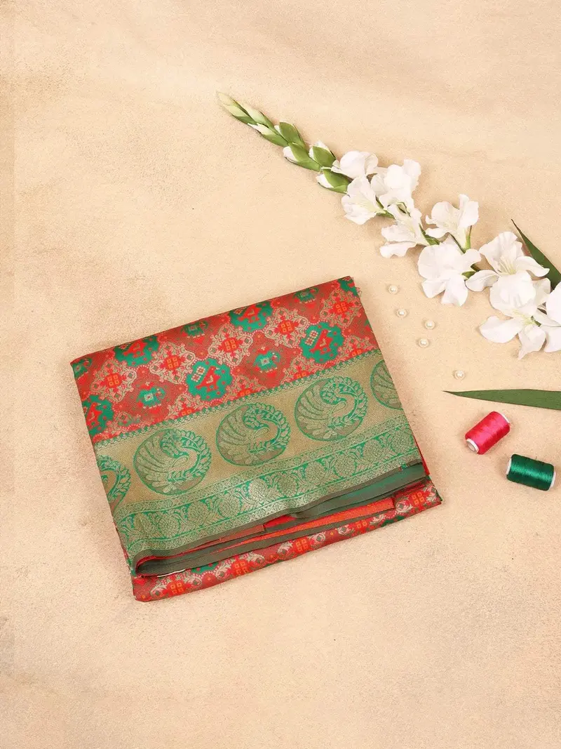 Red Semi Banarasi Saree With Fancy Design On The Body With Zari Border 1