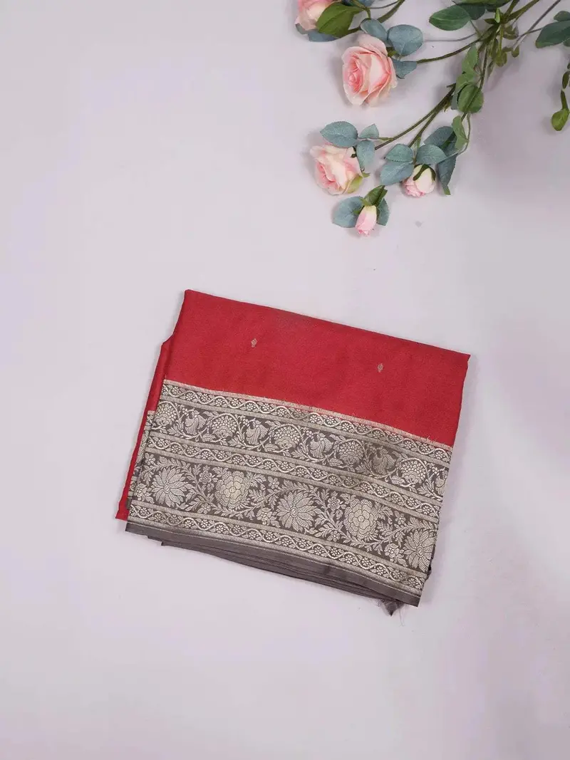 Red Semi Banarasi Saree With Floral Designs On The Body And Zari Border 1
