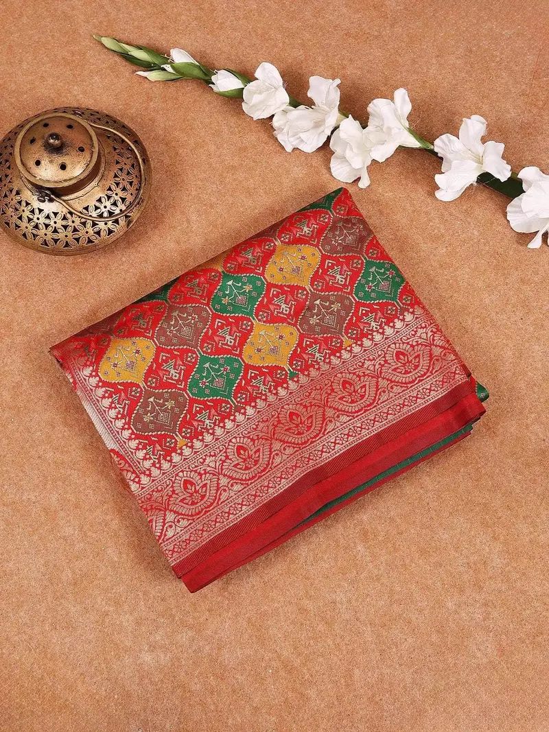 Red Semi Banarasi Saree With Geometric Design On The Body With Zari Border 1
