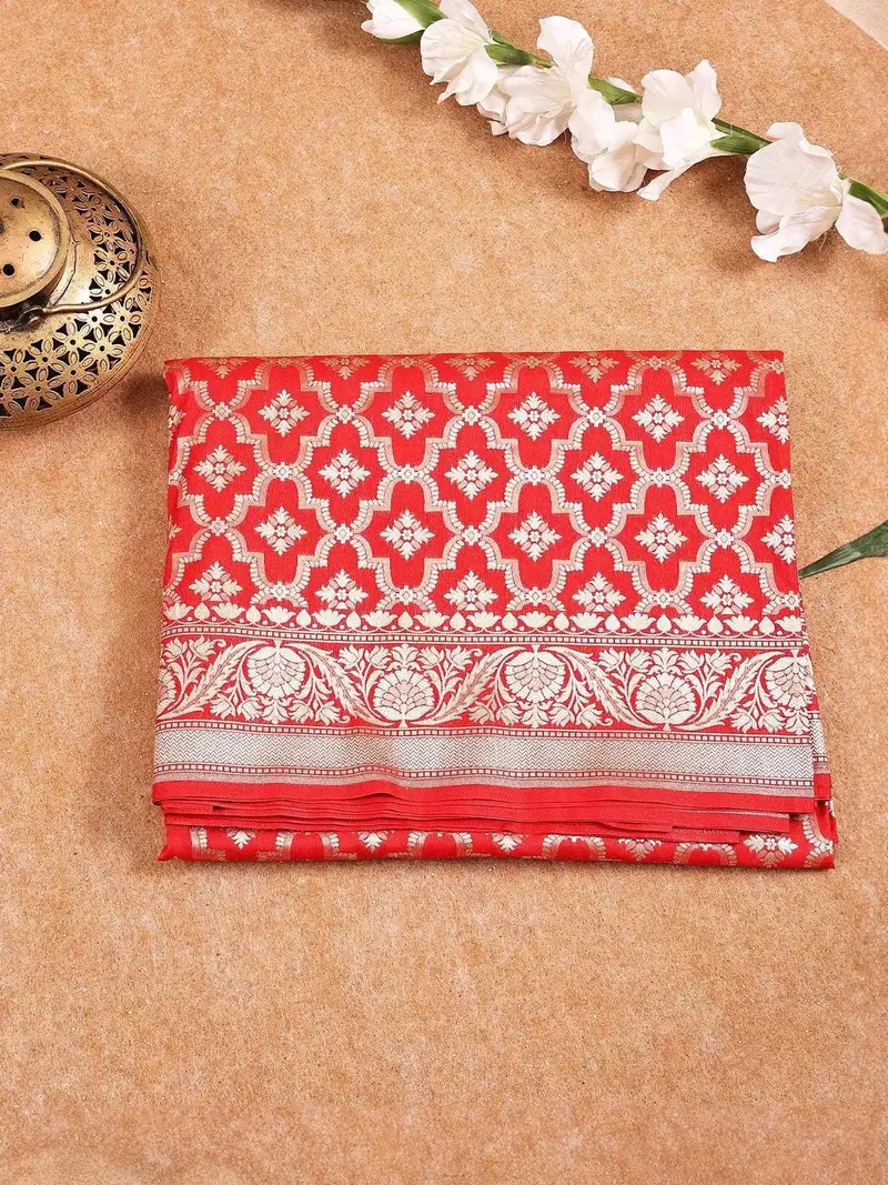 Red Semi Banarasi Saree With Paisley Motifs On The Body With Zari Border 1