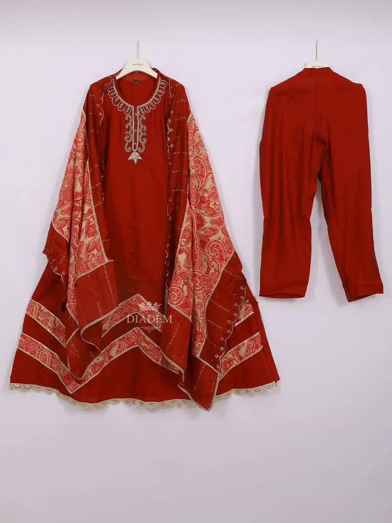Red Semi Banarasi Straight Cut Salwar Suit Adorned With Floral Embroidery, Paired With Dupatta 1
