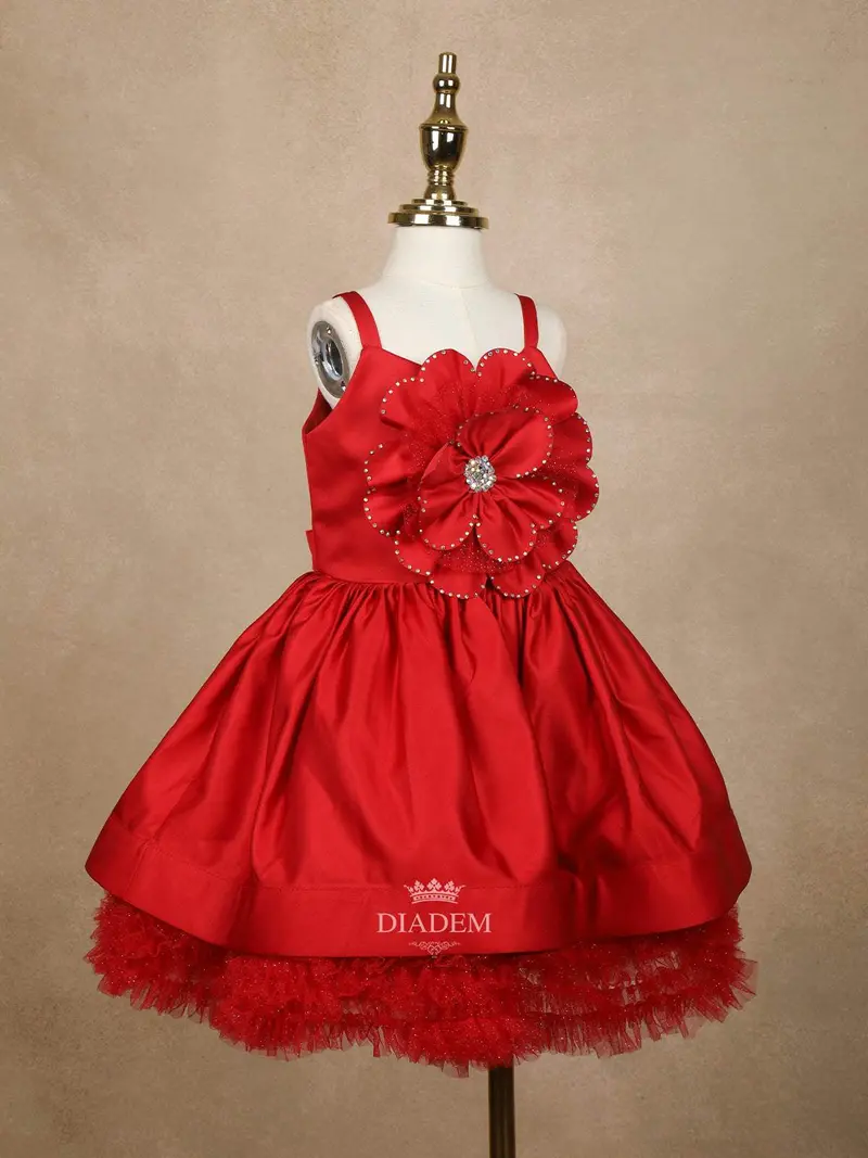 Red Semi Silk 3D Floral Designed Party Wear Gown For Girls 1