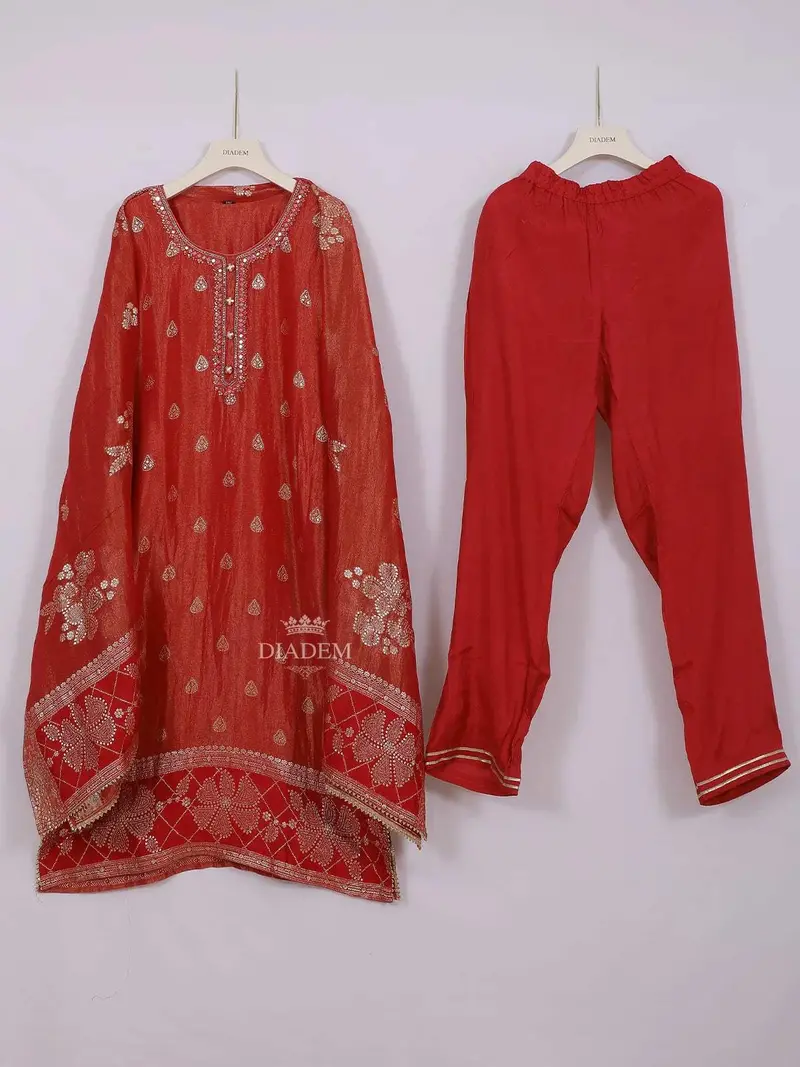 Red Semi Tissue Straight Cut Salwar Suit For Women With Floral Embroidery And Mirrorwork, Paired With Dupatta 1