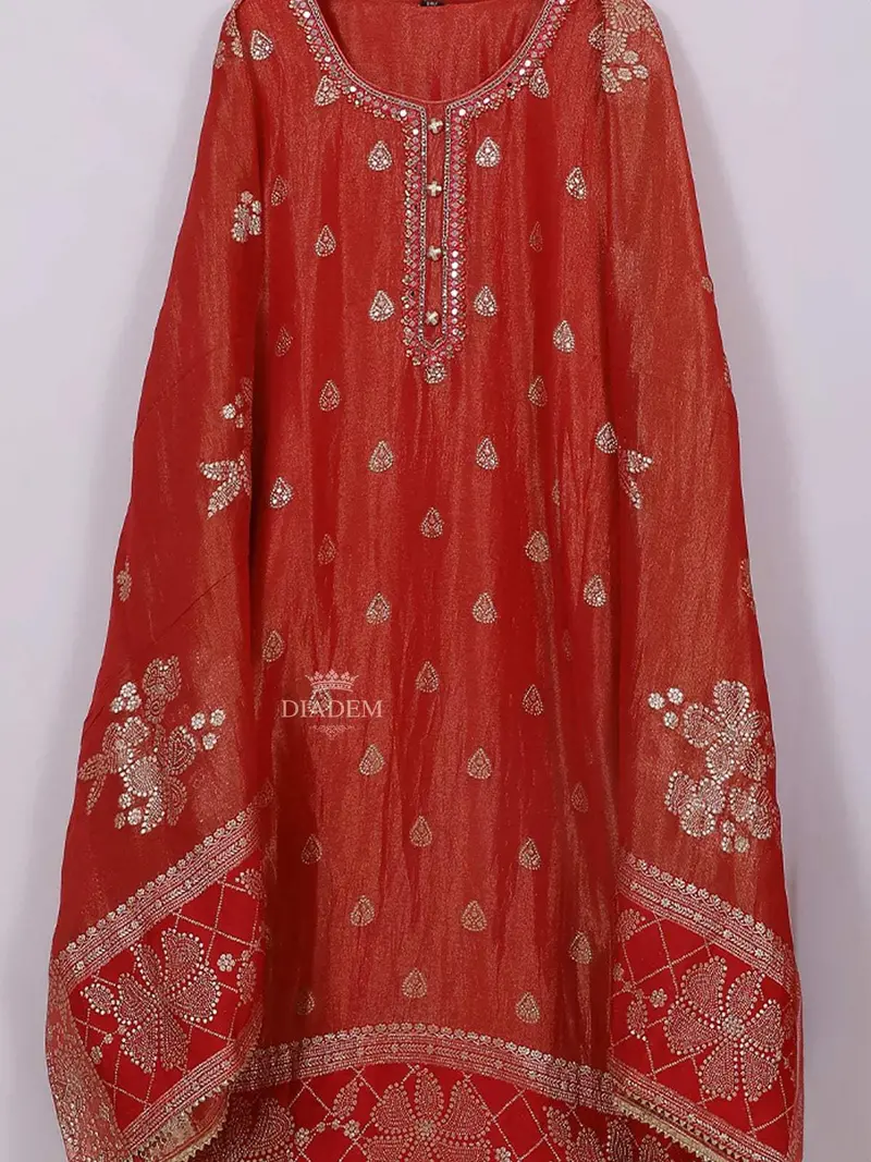 Red Semi Tissue Straight Cut Salwar Suit For Women With Floral Embroidery And Mirrorwork, Paired With Dupatta 2