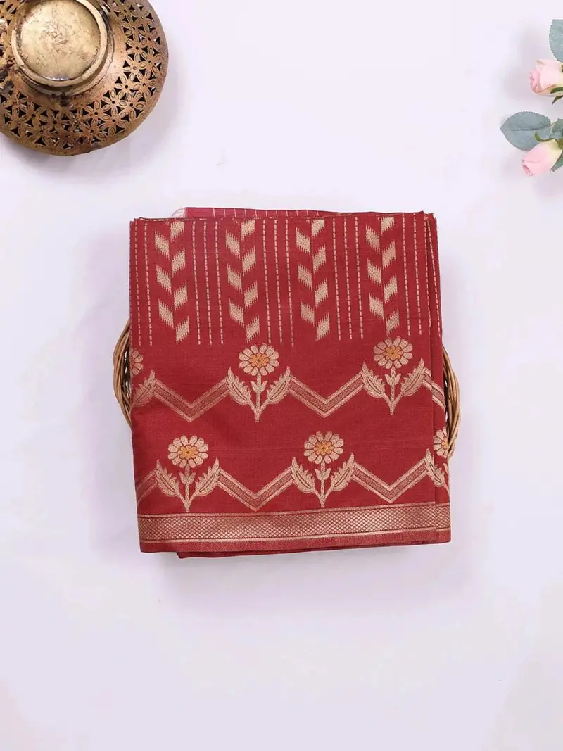 Red Semi Tussar Silk Saree With Flower Design On The Body And Without Border 1