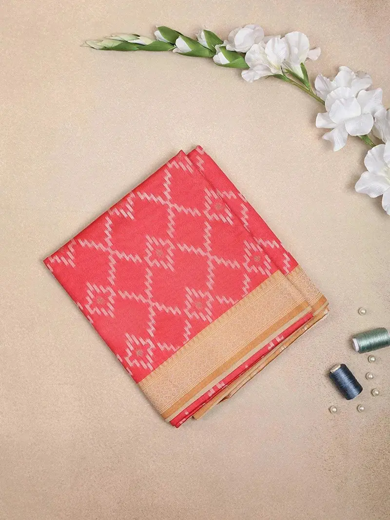 Red Semi Tussar Silk Saree With Geometric Design On The Body With Contrast Border 1