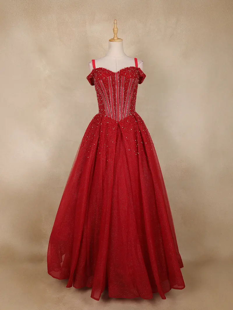 Red Sequins And Beads Embellished Design Net Ball Gown With Cold Shoulder Straps 1