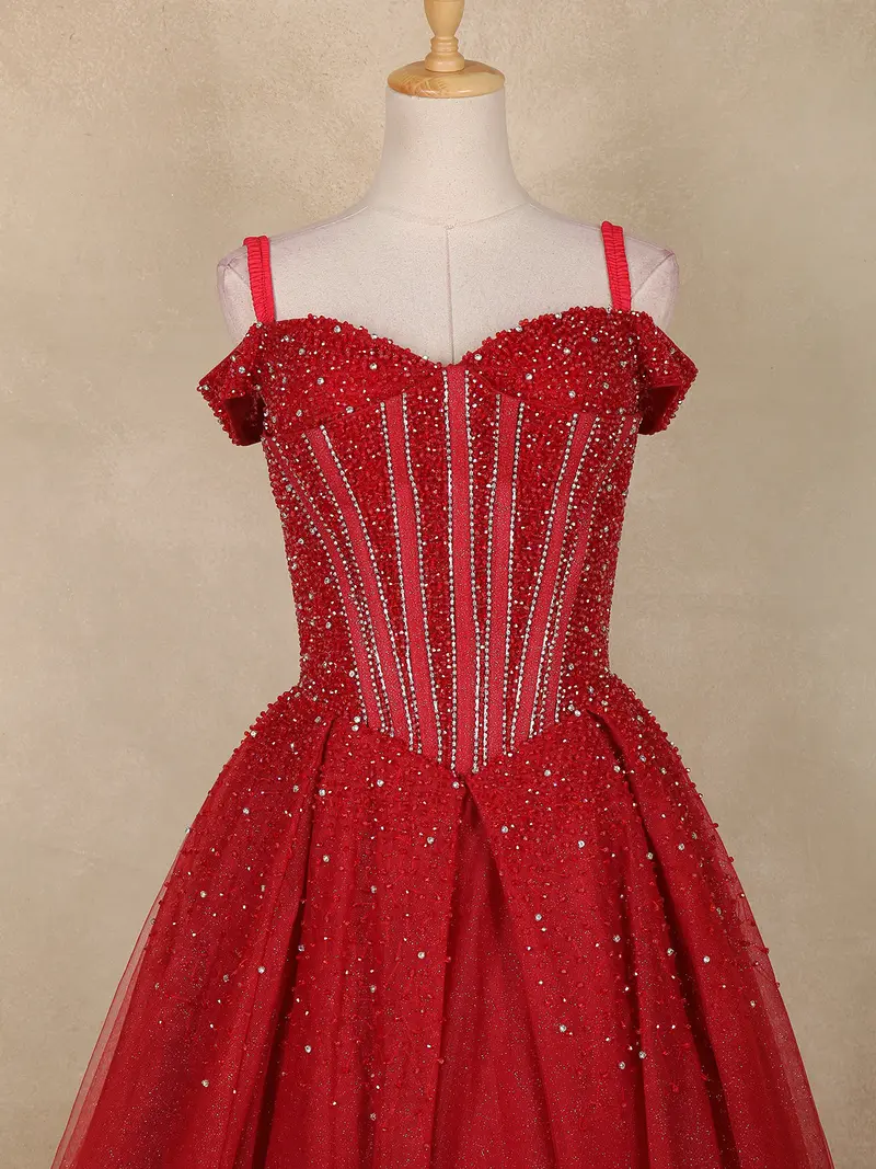 Red Sequins And Beads Embellished Design Net Ball Gown With Cold Shoulder Straps 2