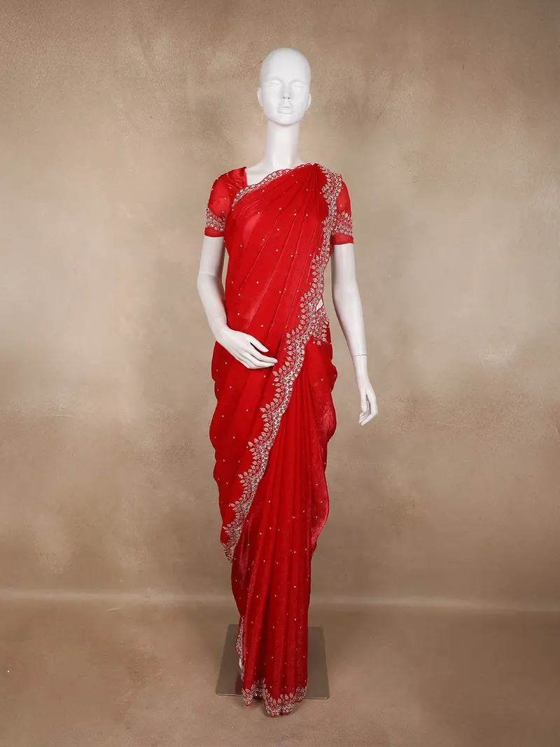 Red Sequins And Beads Embroidered Design Space Silk Party Wear Saree 1