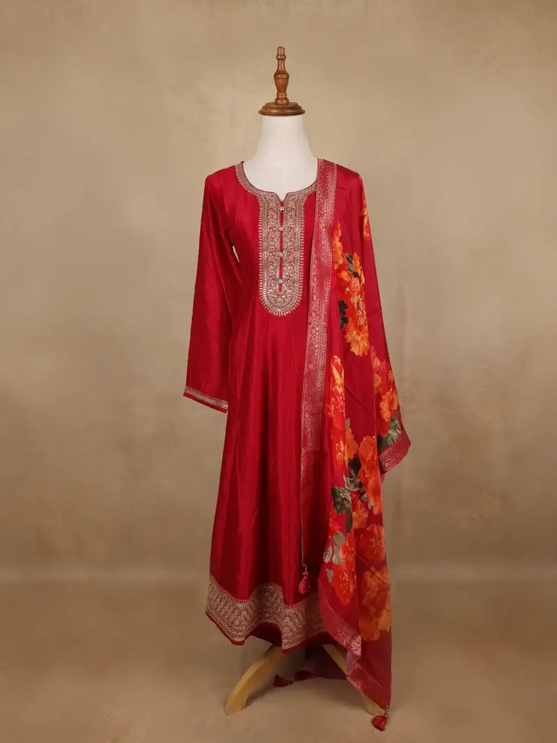 Red Sequins Design Printed Semi Silk Anarkali Salwar Suit 1