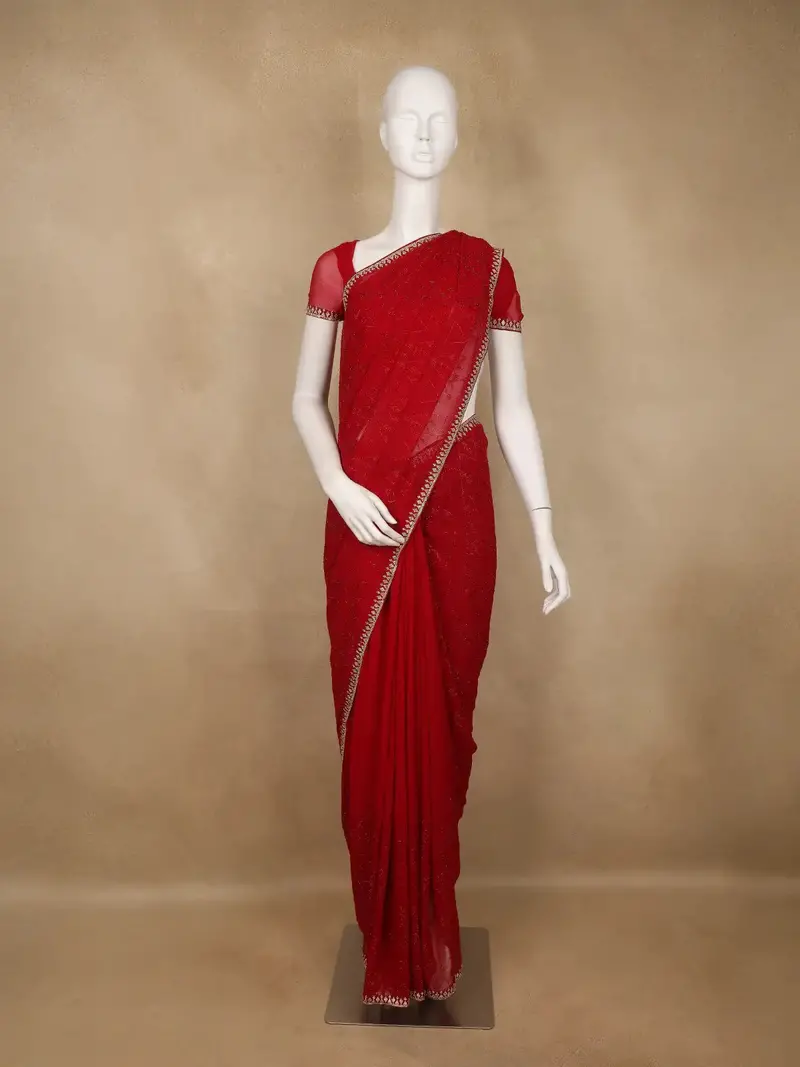 Red Sequins Design Satin Saree 1