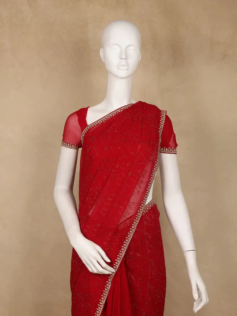 Red Sequins Design Satin Saree 2