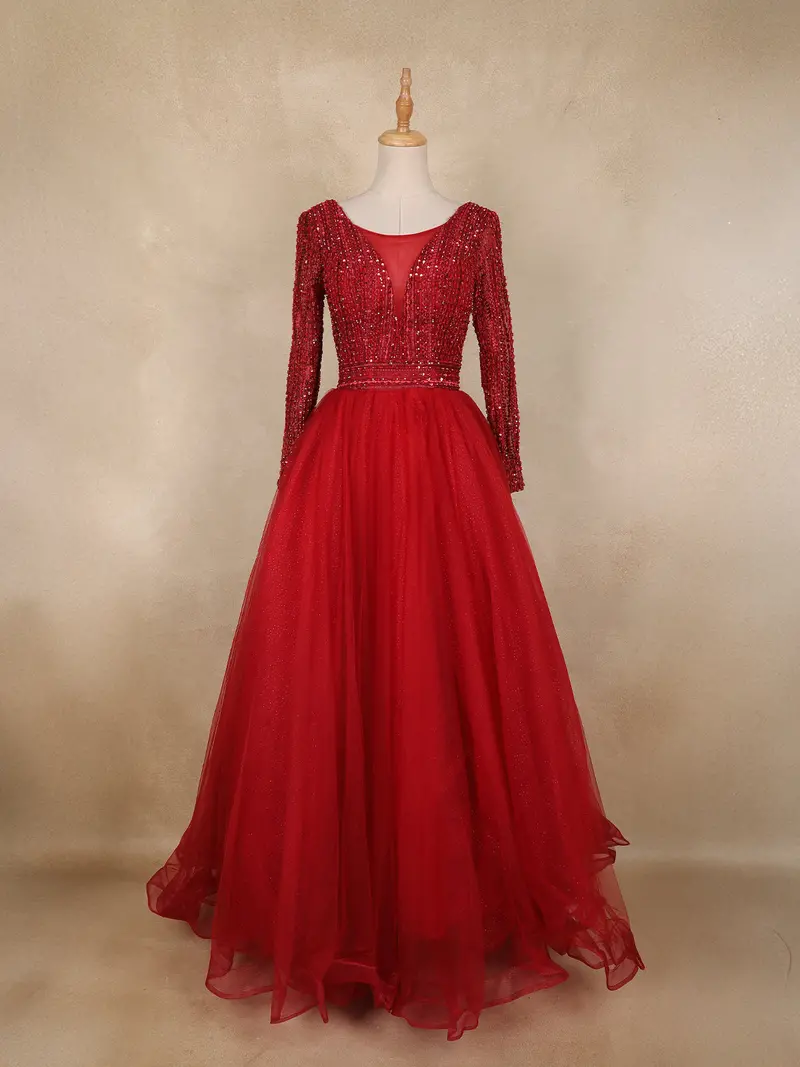 Red Sequins Embellished Design Net Ball Gown With Full Sleeves 1