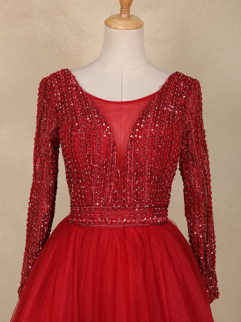 Red Sequins Embellished Design Net Ball Gown With Full Sleeves 2