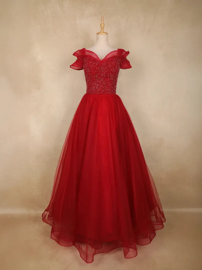 Red Sequins Embellished Design Party Wear Net Gown 1
