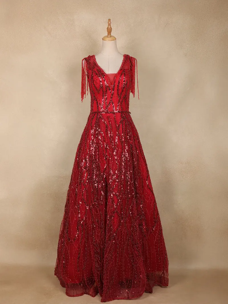 Red Sequins Embellished Net Evening Gown With Beaded Tassel Sleeves 1