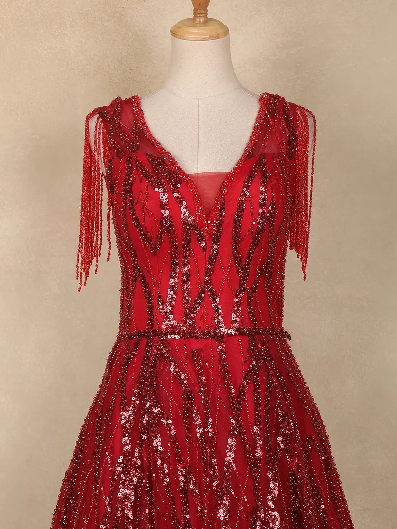 Red Sequins Embellished Net Evening Gown With Beaded Tassel Sleeves 2