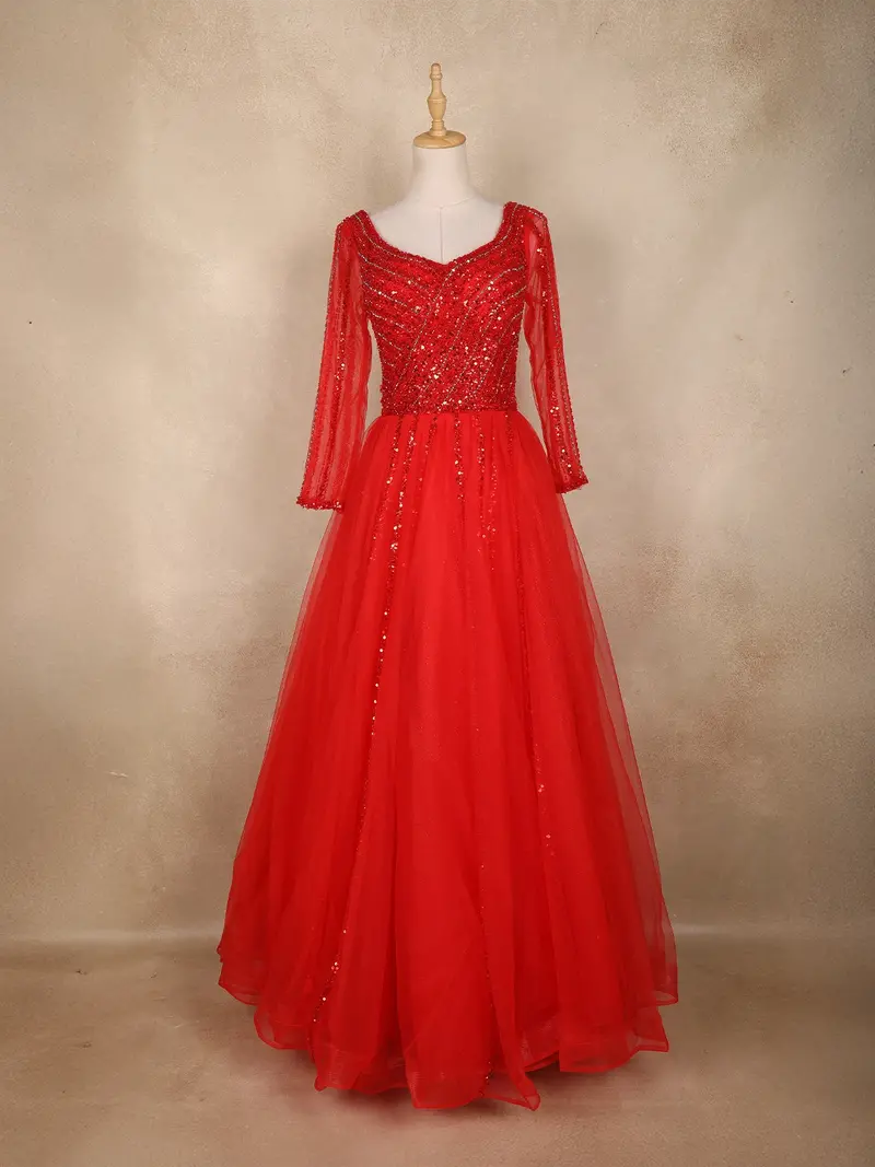 Red Sequins Embellished Net Partywear Gown 1