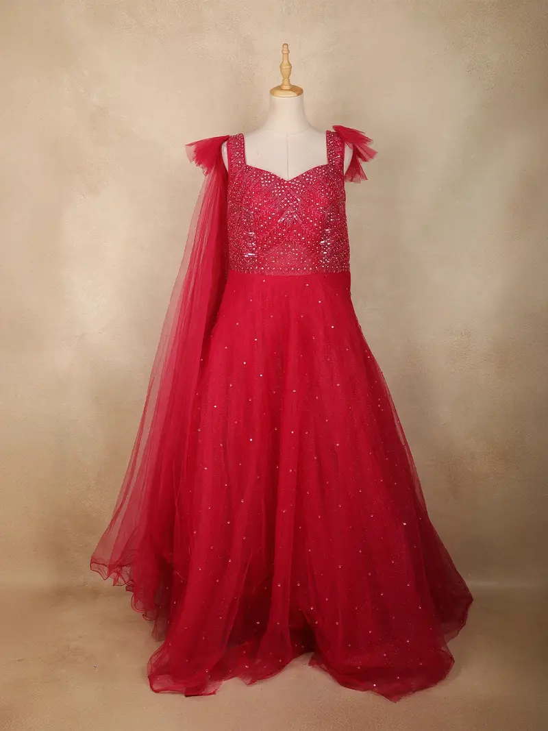 Red Sequins Embroidered Net Gown With One-Side Shoulder Dupatta 1