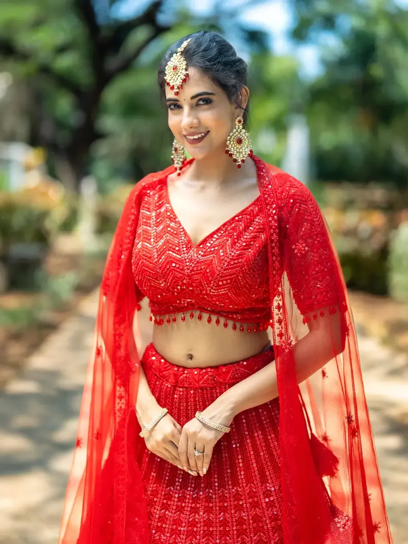 Red Sequins Embroidered Net Lehenga For Bridesmaids 1