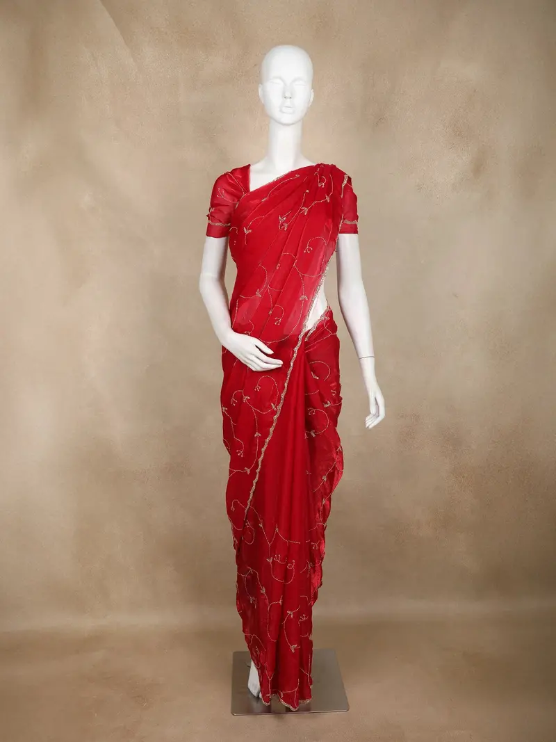 Red Sequins Embroidered Tissue Organza Saree With Designer Border 1