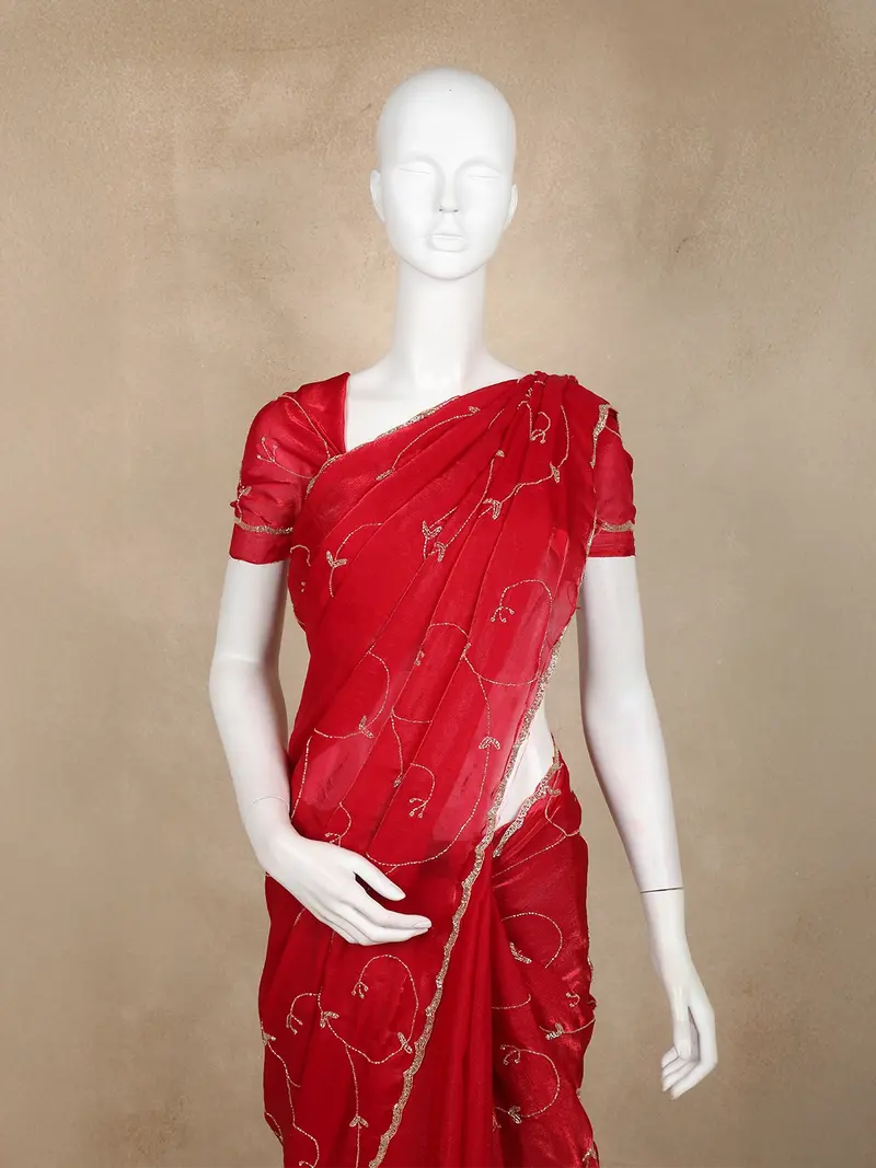 Red Sequins Embroidered Tissue Organza Saree With Designer Border 2