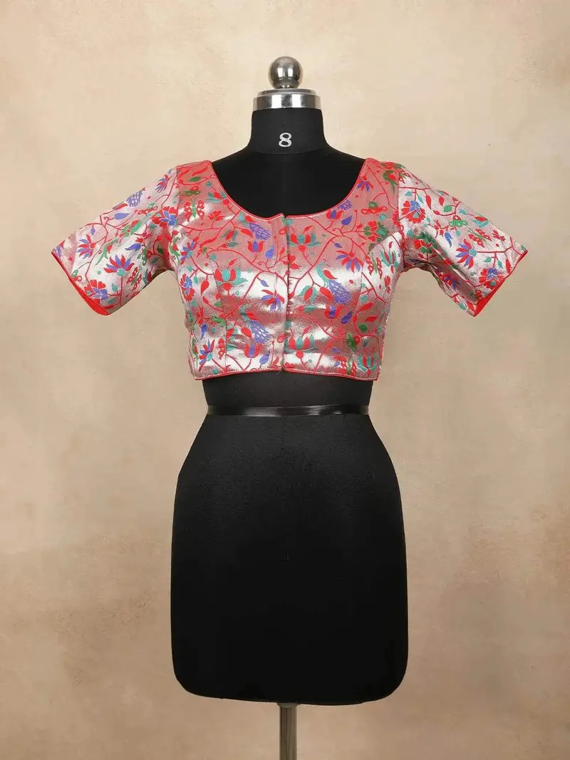 Red Silk Readymade Blouse With Peacock And Flower Design 1