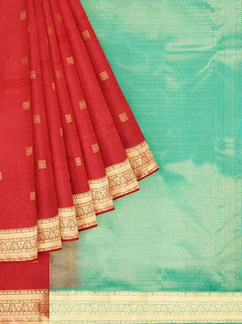Red Silk Saree With Zari Butta On The Body And Contrast Zari Border 1