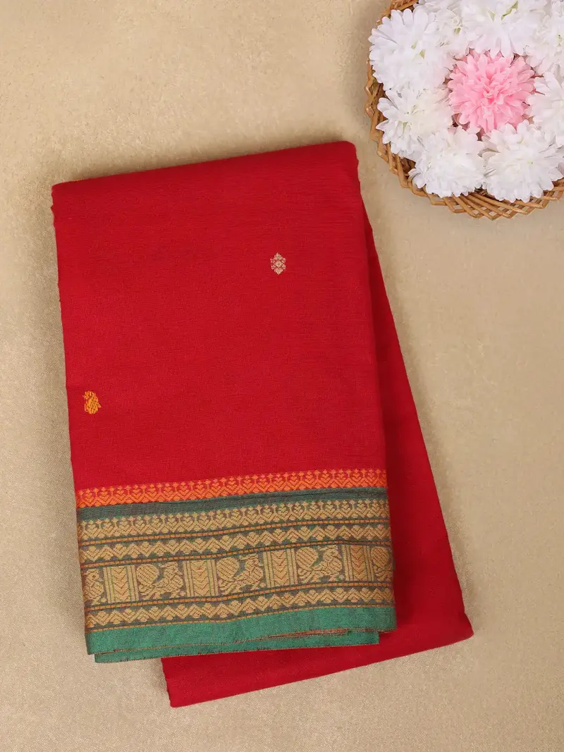 Red Small Butta Motif Design Cotton Saree With Contrast Green Border 1