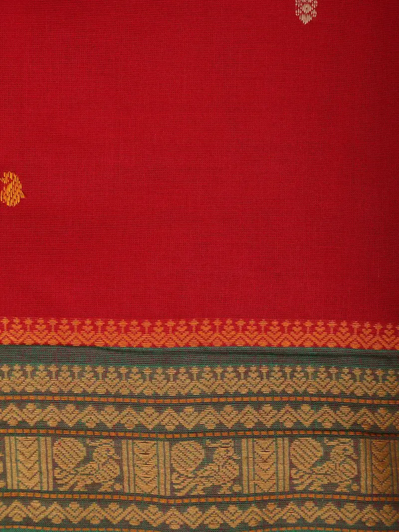 Red Small Butta Motif Design Cotton Saree With Contrast Green Border 2