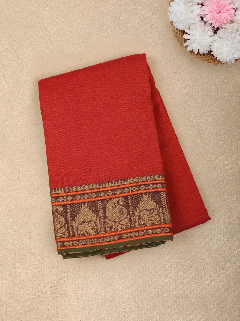 Red Solid Design Cotton Saree With Traditional Woven Contrast Border 1