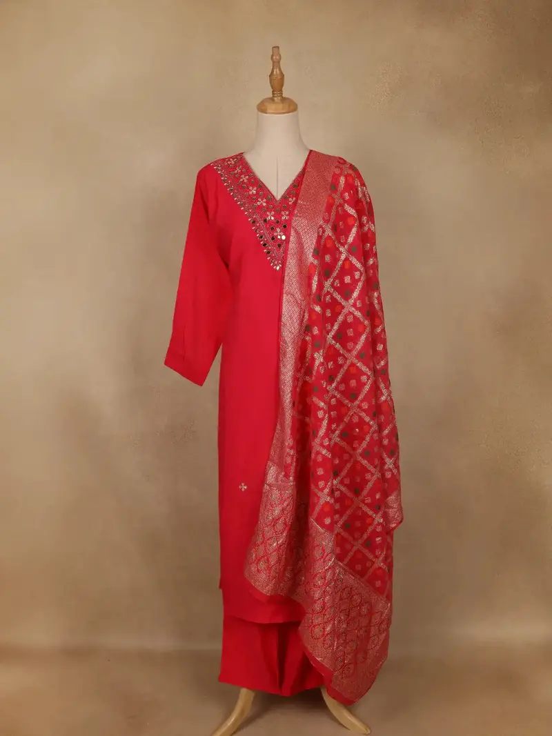 Red Solid Design Mirror Work Embroidered Salwar Suit 1