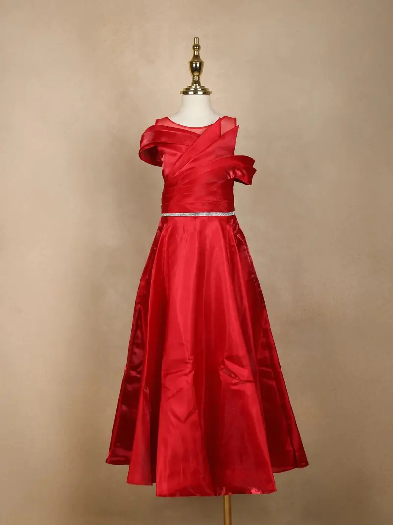 Red Solid Design Organza Party Gown For Girls 1