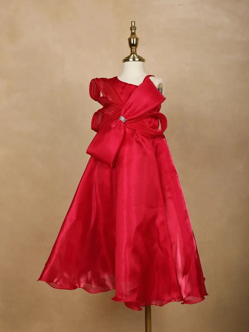 Red Solid Design Organza Party Gown For Girls 1