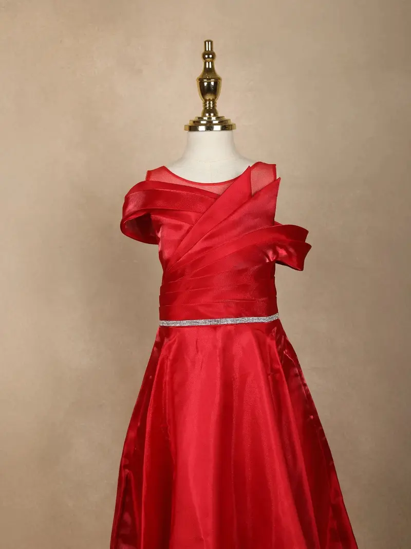 Red Solid Design Organza Party Gown For Girls 2