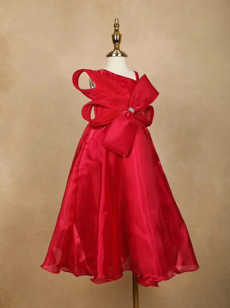 Red Solid Design Organza Party Gown For Girls 2