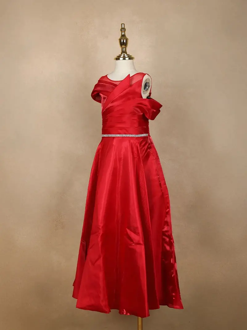 Red Solid Design Organza Party Gown For Girls 3